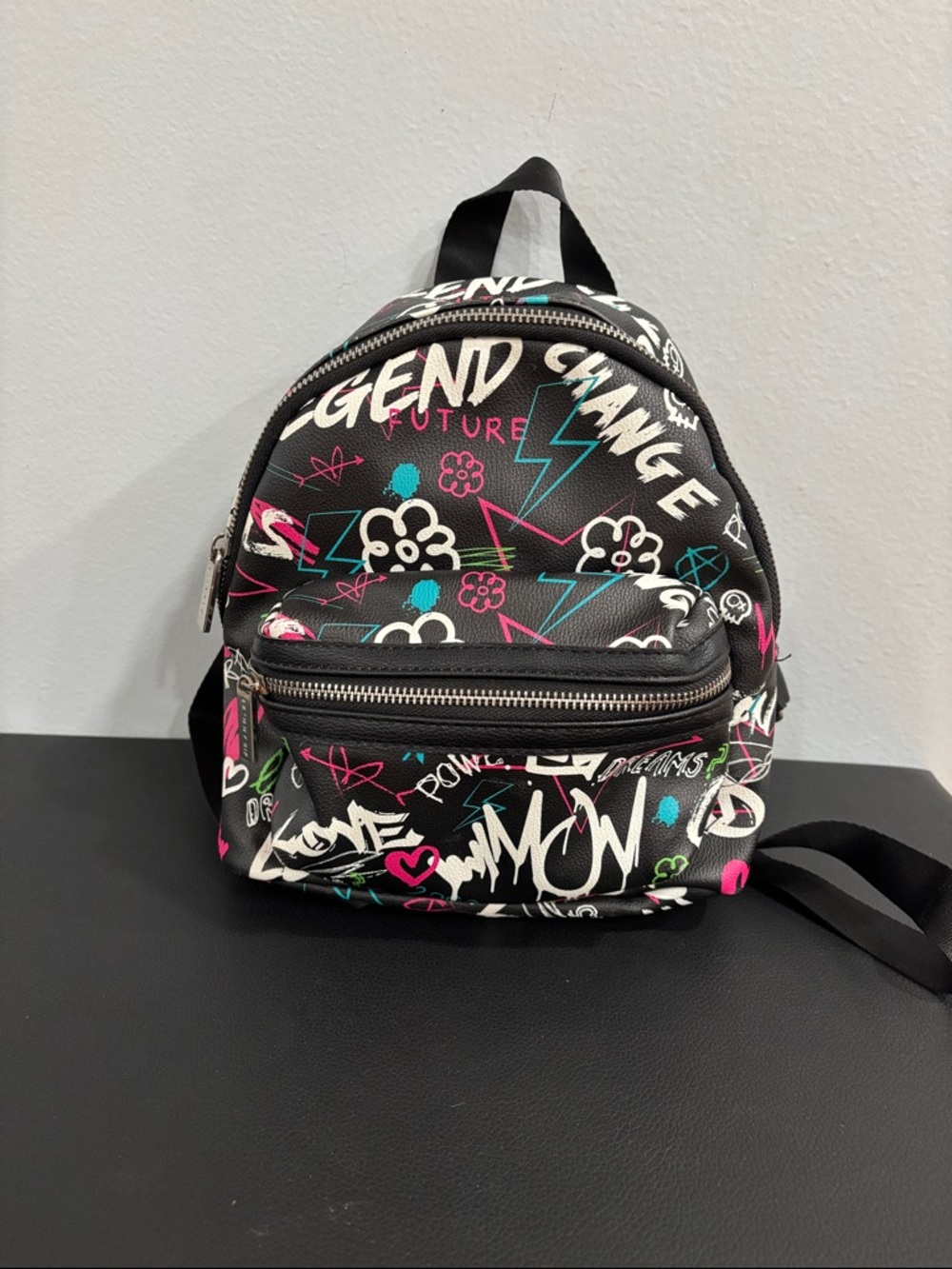 Kids Black Graffiti Print Mini Backpack - Multicolor Accents